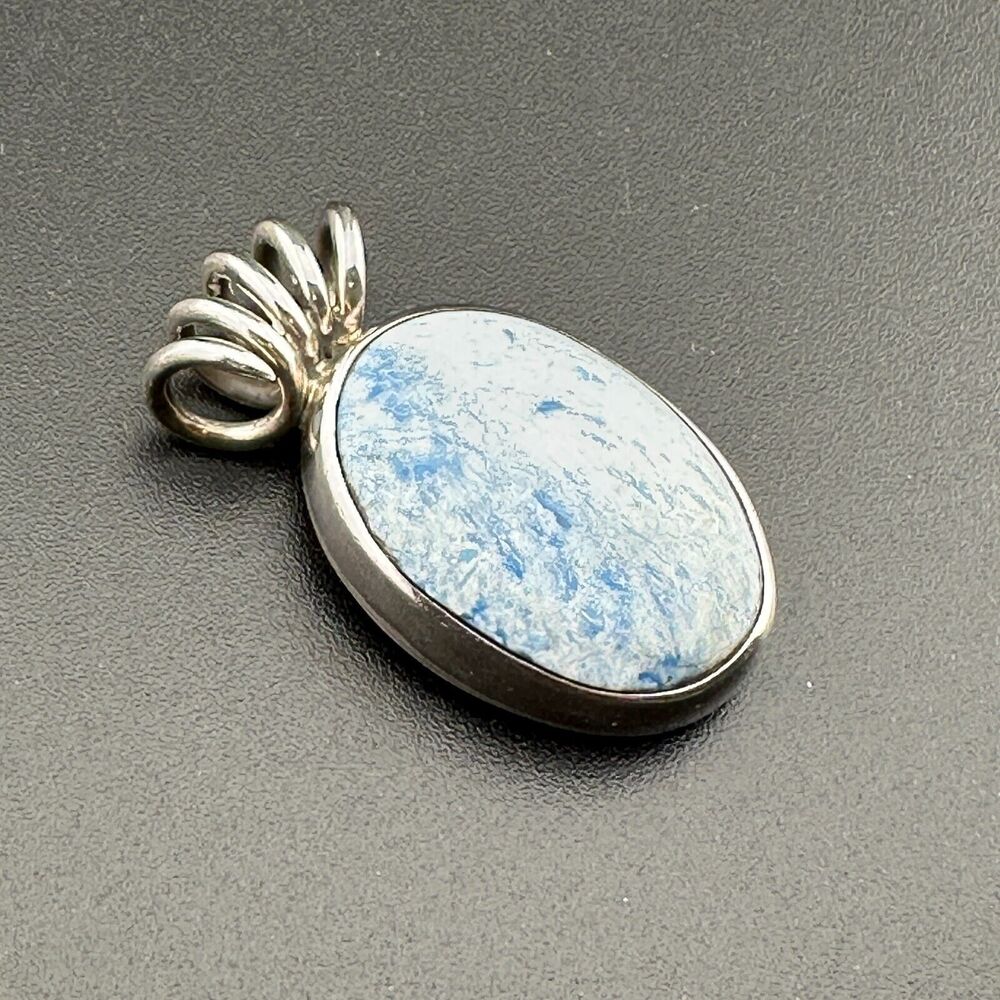 Vintage Mexico Unique Natural Light Blue Stone 925 Silver Oval Pendant 9.6 g - Picture 3 of 11